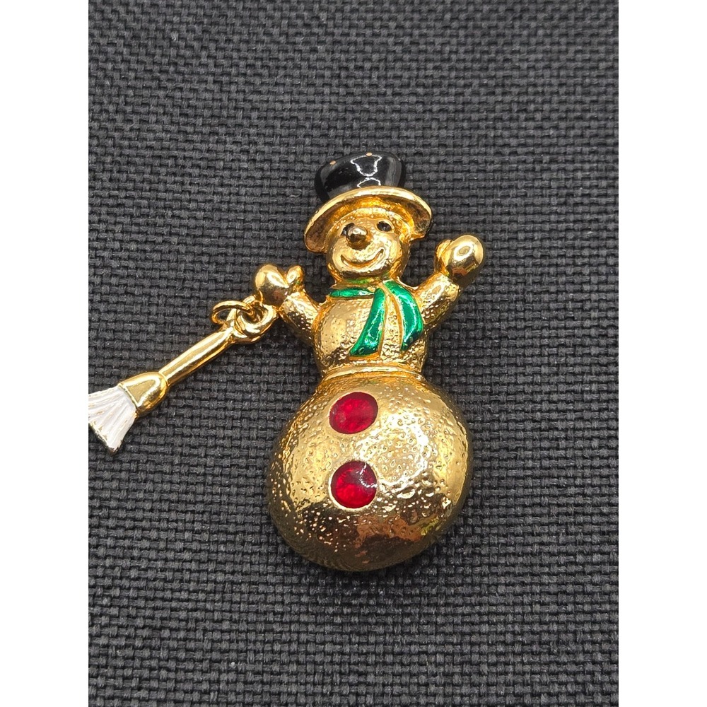 Vintage SFJ Snowman Brooch Gold Tone Enamel Christmas Holiday Pin Dangling Broom